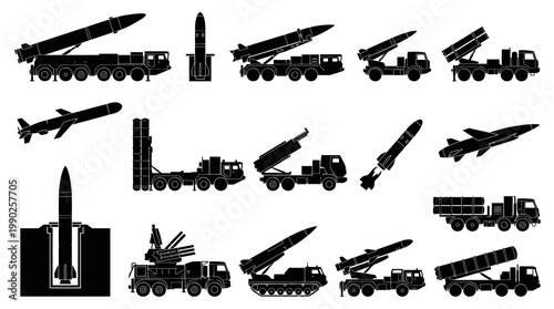 Black  White Vector Icons of Various Missile Systems and Launchers