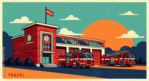 Vintage Fire Station with Red Fire Trucks Under a Setting Sun and a Flag