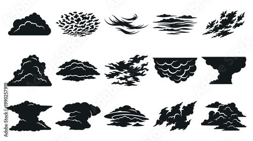 Black Cloud Icons Set, Various Shapes, Vector Art