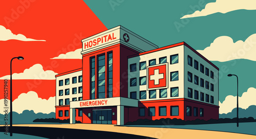 Retro pop art illustration of a hospital with an emergency entrance and a red cross symbol, against a split sky, representing modern healthcare