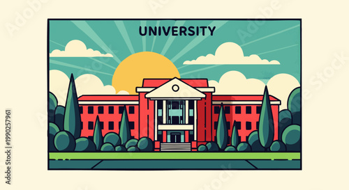 Vibrant flat design illustration of a classical university campus building with lush trees and a bright sun, symbolizing higher education and academic pursuits