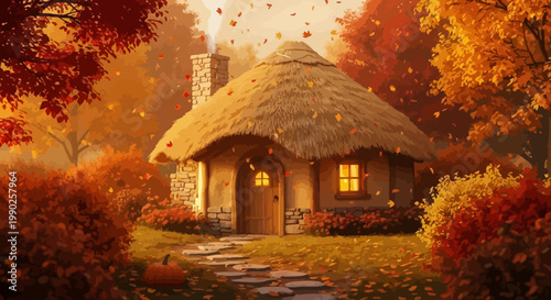 Autumnal cottage scene with falling leaves and warm colors