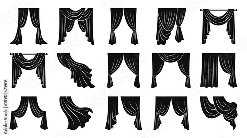 Black and white vector illustrations of elegant curtains for interior design