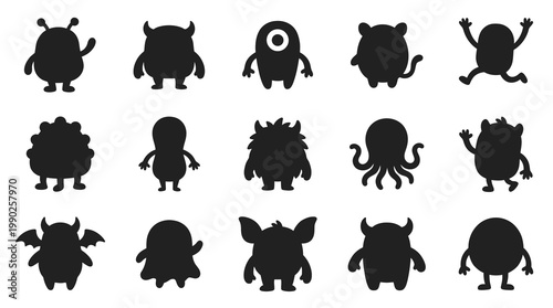 Silhouettes of Diverse Cute Monsters, Black  White Vector Art