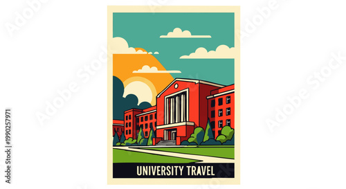 Vintage University Travel Poster - Historic Campus Building and Scenic Landscape Illustration