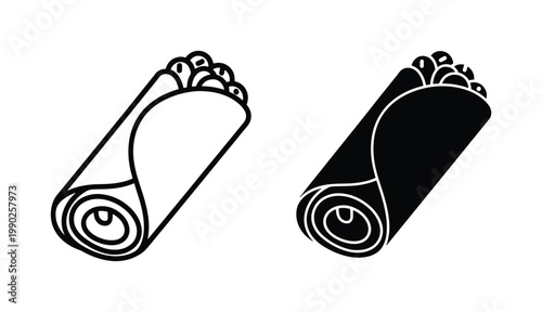 Mexican burrito vector icons, minimalist black and white tortilla wrap illustrations, fast food shawarma and kebab line art for restaurant menus