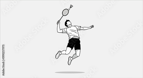 Badminton player in action striking shuttlecock with racket against white background