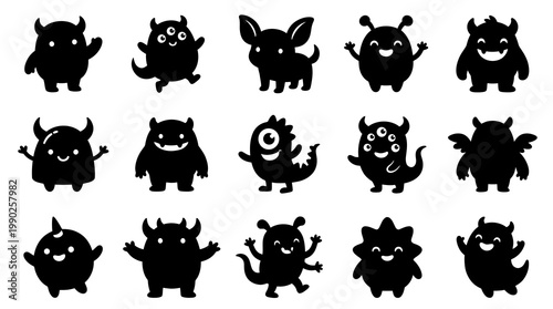 Cute Monster Silhouettes - Black  White Cartoon Vector Icons
