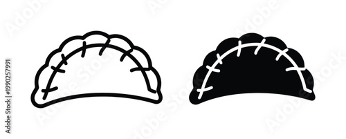 Minimalist pierogi dumpling vector icons, black and white gyoza line art, traditional empanada silhouette set for restaurant menu and food packaging