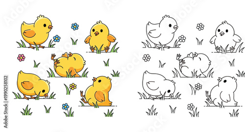 Cute Cartoon Baby Chicks in Various Poses with Coloring Page Version, Easter Spring Chickens Illustration Set for Kids Education and Coloring Book Activity