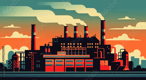 Stylized view of an industrial factory complex with smoking chimneys against a dramatic sunset or sunrise sky, illustrating manufacturing and atmospheric emissions
