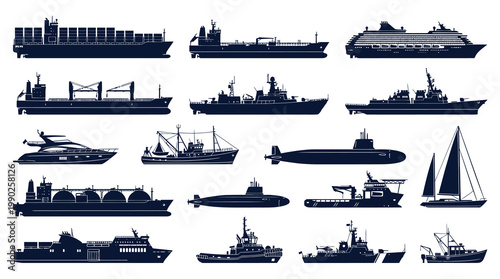 Marine Industry Shipping Vessels and Boats Set - Silhouette Art