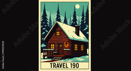Charming log cabin nestled in a serene, snow-covered winter forest, illuminated by a soft moonlight, evoking a peaceful escape into nature's embrace