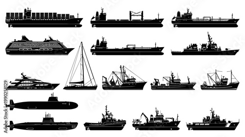 Black and White Vector Icons of Various Ships and Boats