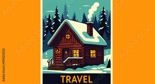 Charming retro-style illustration of a snow-covered log cabin in a tranquil winter forest, evoking cozy travel adventures and serene holiday escapes