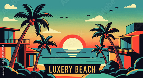Vibrant Tropical Sunset Beachfront Illustration with Palm Trees and Coastal Resorts, Capturing the Essence of a Luxurious Island Vacation Getaway