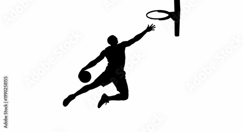 Basketball player silhouette jumping to dunk ball isolated on white