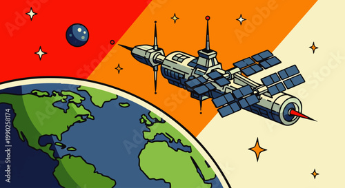 Space exploration with a satellite orbiting Earth and planets against a vibrant cosmic background, illustrating humanity's quest for knowledge and discovery in the universe