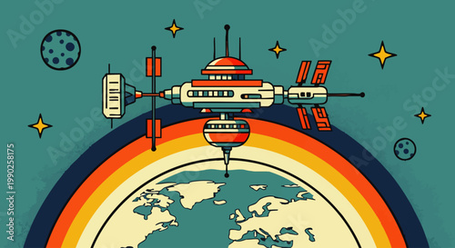 Retro-futuristic Space Station orbiting vibrant Earth with a colorful rainbow arc, symbolizing humanity's peaceful expansion and technological marvels in the cosmos