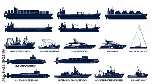 Maritime Shipping Naval Vessels Silhouettes Collection. Boats and Ships Flat Vector Icons Set