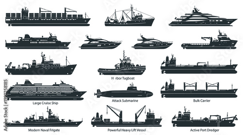 Black  White Icons: Various Ships and Vessels Set