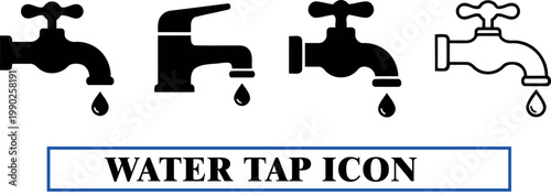 Four black faucet icons with dripping water varying styles on transparent background