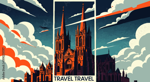 Explore the historical grandeur of ancient cathedrals with this travel poster art, showcasing architectural wonders and scenic views perfect for travel enthusiasts and history buffs