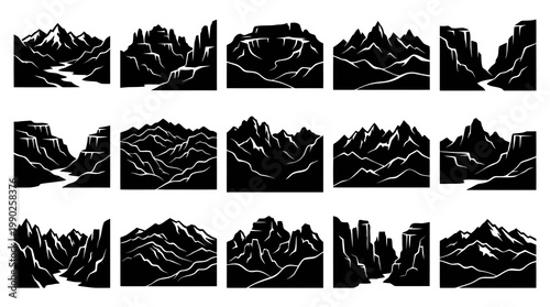 Black  White Vector Art of Majestic Mountain Landscapes and Canyons