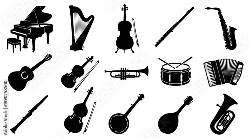 Musical Instrument Silhouettes Set: Piano, Guitar, Saxophone  Orchestra Glyphs Collection
