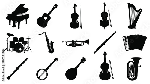Music Industry Instrument Silhouettes Glyphs Set - Flat Black White Vector Icons