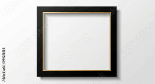 Black square picture frame with gold inner border isolated on white background