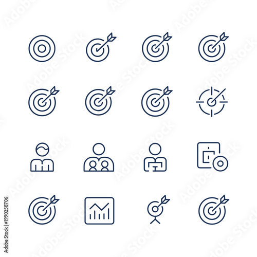 Collection of diverse icons depicting targets, people, and analytics.
