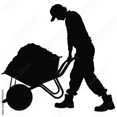 Silhouette of a man pushing a wheelbarrow, laborer, worker, construction, gardening vector