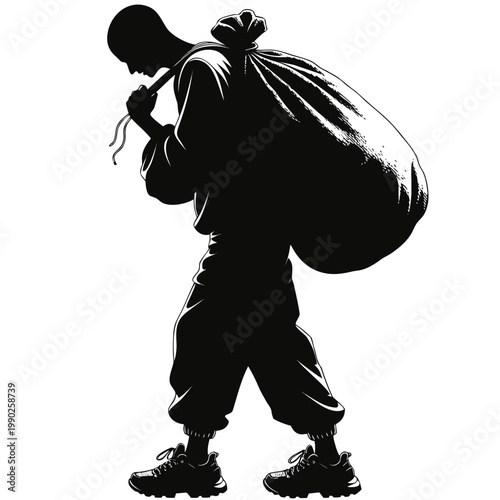 homeless person, silhouette, black, vector, illustration, poverty, man, bag, walking