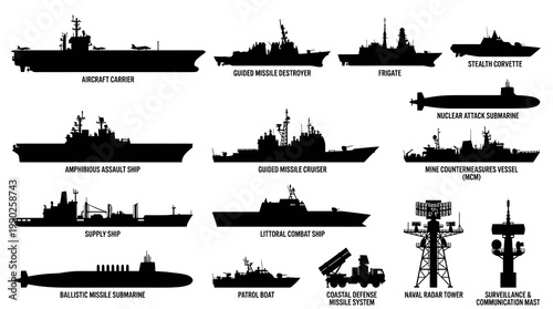 Military Naval Vessels Silhouettes Collection: Warships, Submarines, Radar  Defense Systems Vector