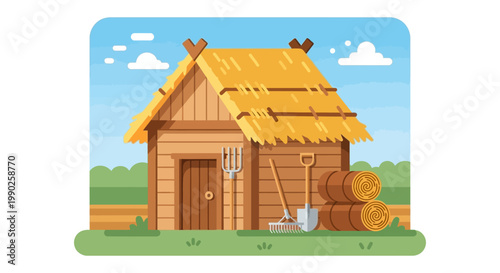 Cartoon barn illustration with farm tools and hay bales against a blue sky