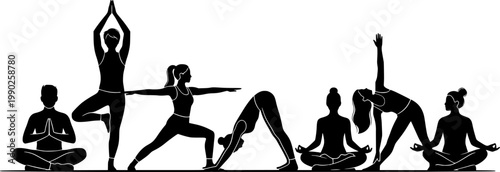 A group silhouette of diverse body types in minimalist yoga poses (Tree pose, Warrior). Solid black, smooth organic curves.