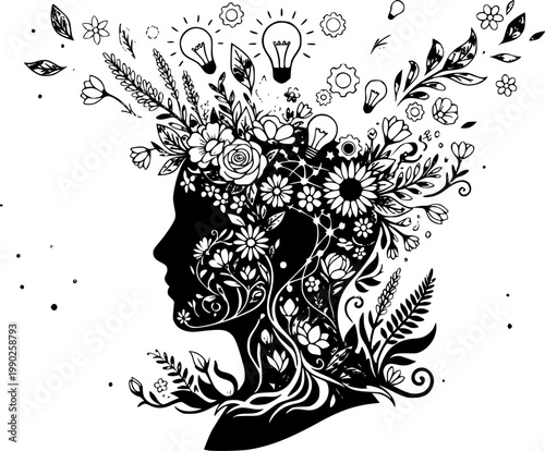 Surreal Botanical: A silhouette of a human head profile where the "brain" area is erupting into a bouquet of wildflowers and exotic leaves.