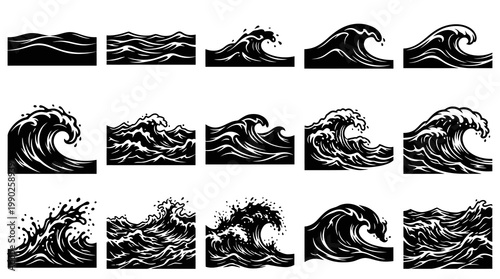 Powerful Ocean Waves Black  White Graphic Vector Illustration Set for Marine Designs