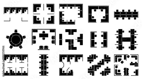 Office Workspace Layouts Top View Glyphs. Business Furniture Arrangements  Floor Plans Icons.