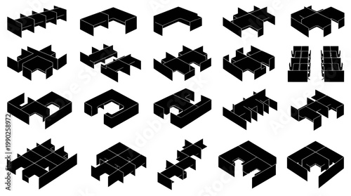 Isometric Black  White Vector Glyphs of Modular Office Workstation Layouts