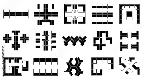 Office Cubicle Layouts, Black  White Line Art, Vector Set