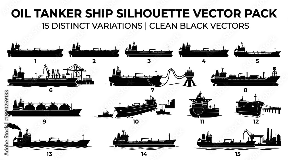 Obraz premium Oil Tanker Ship Silhouettes - 15 Clean Black Vector Illustrations
