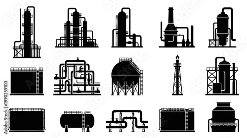 Industrial Oil Refinery Complex Icons and Silhouettes