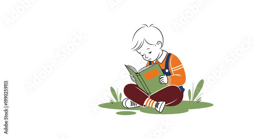 Boy sitting cross-legged reading book.