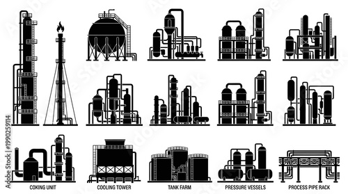 Industrial Oil Refinery Equipment Icons - Black  White Set