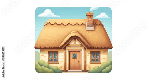Cartoon cottage illustration charming house with thatched roof and chimney