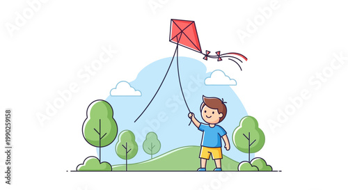 Photography Boy Playing with Red Kite Outdoors.