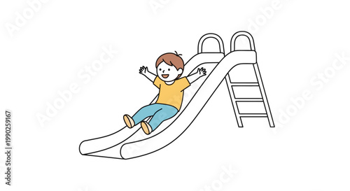Happy child playing on a slide.