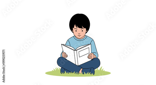 Boy sitting cross-legged reading book.